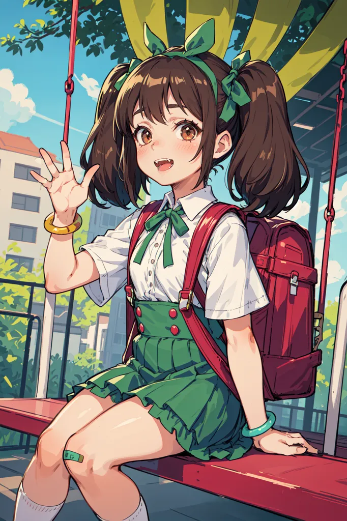 The image shows a young girl with brown hair and green eyes. She is wearing a white shirt, a green skirt, and a red backpack. She is sitting on a swing and has a bright smile on her face. She is waving with one hand and has the other hand resting on her lap. She is wearing a green hair tie and has a yellow bracelet on her right wrist. There are trees and buildings in the background and a blue sky with white clouds.