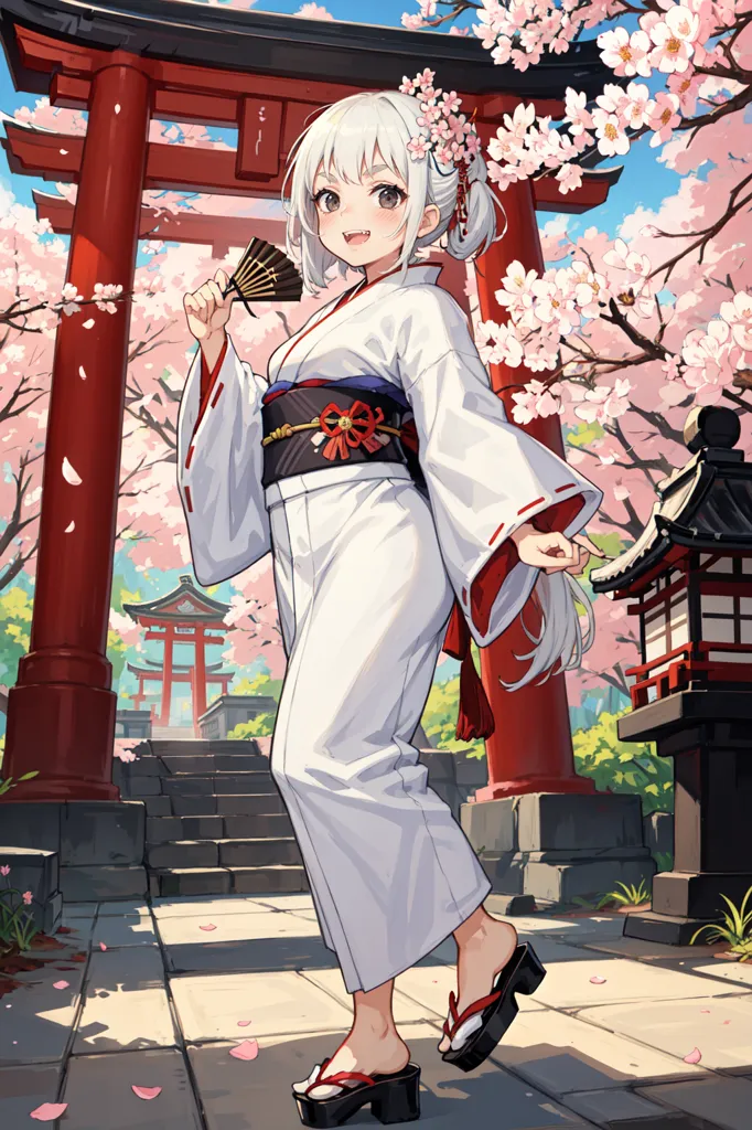 A imagem é de uma jovem mulher em um quimono em pé em um cenário tradicional japonês. Ela está segurando um leque com a mão direita. O fundo é uma imagem desfocada de um portão torii com flores de cerejeira. A mulher está usando um quimono branco com um obi vermelho e azul. Ela tem cabelos brancos longos e olhos azuis. Ela está sorrindo.