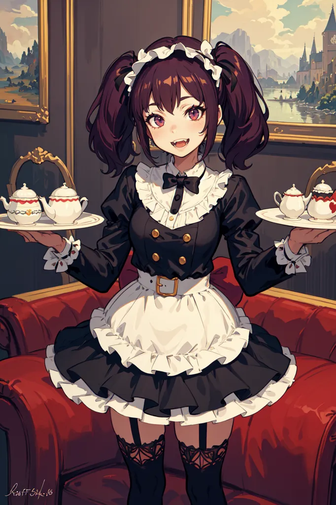 The picture shows a young woman with long brown hair and purple eyes. She is wearing a black and white maid outfit with a lacy apron. She is smiling and holding two trays of teacups. There is a red velvet chair behind her with a beautiful landscape painting on the wall.