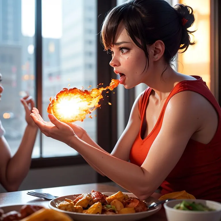 L'image montre une femme portant un débardeur rouge assise à une table et soufflant du feu sur sa main. Elle a les cheveux foncés attachés en chignon et regarde sa main avec émerveillement. Il y a une assiette de nourriture sur la table.