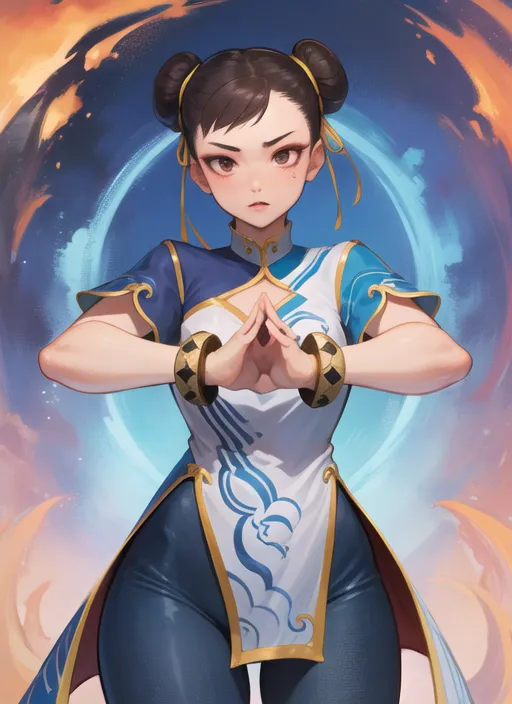 L'image représente Chun-Li, un personnage de la série de jeux vidéo Street Fighter. Elle est debout dans une posture de combat, les poings levés devant elle. Elle porte une tenue de style cheongsam bleu et blanc et a les cheveux en chignons. L'arrière-plan est de couleur orange flamboyante.