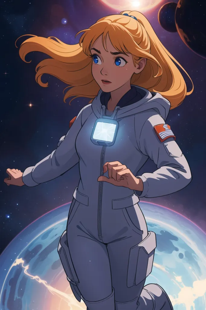 This is an image of a young girl in a spacesuit with a blonde ponytail. She is looking to the right of the frame, which is filled with stars and planets. She is wearing a light grey spacesuit with a dark grey pattern. There is a patch on her right arm with a flag that has stars and stripes. She has a small device on her chest that is glowing blue, and she is holding her right hand near it.