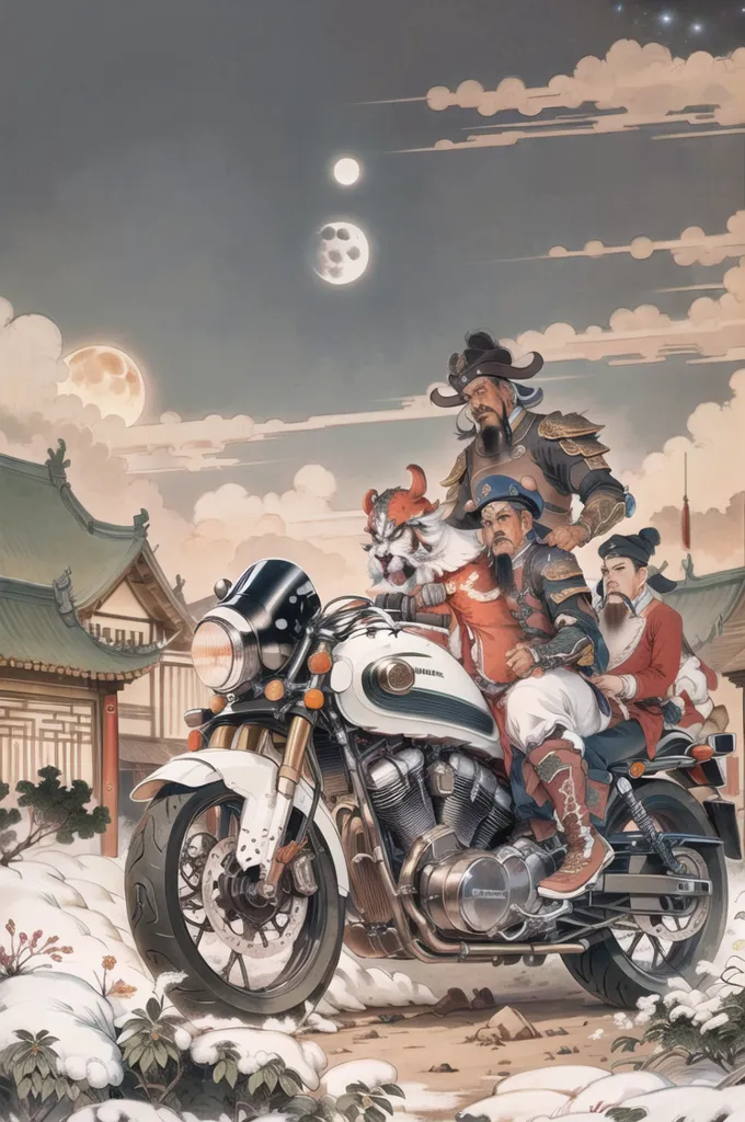 A imagem retrata três homens vestindo roupas tradicionais chinesas montando uma motocicleta. Os homens estão todos usando túnicas e toucados elaborados, e a motocicleta é adornada com símbolos tradicionais chineses. O fundo é uma paisagem chinesa, com montanhas, árvores e um rio. A imagem é feita em um estilo realista, e as cores são vibrantes e realistas.