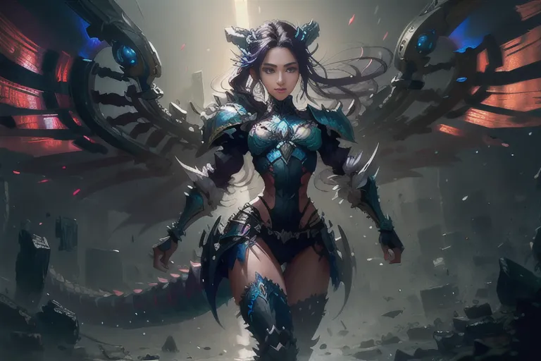 Esta es una imagen de una mujer con cabello negro largo y ojos azules. Lleva una armadura azul y plateada con un diseño similar a un dragón. Tiene una espada grande en su mano derecha y un escudo en su mano izquierda. Está de pie en una ciudad en ruinas con un gran dragón detrás de ella. El dragón es negro y tiene ojos rojos. Está escupiendo fuego hacia la ciudad. La mujer mira al dragón con una expresión decidida.