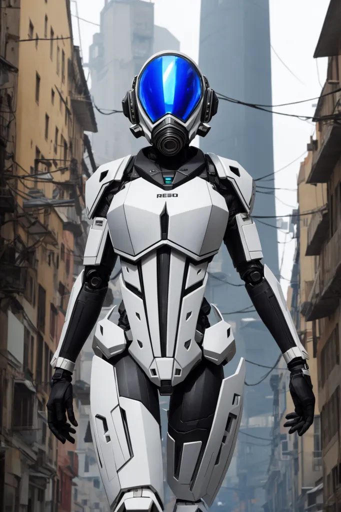 The image is of a woman wearing a futuristic suit of armor. The armor is white and black, with blue highlights. The woman is wearing a helmet with a blue visor. She is also wearing a respirator. The background of the image is a city in ruins. There are tall buildings and skyscrapers, but they are all damaged and abandoned. The image is post-apocalyptic and conveys a sense of hopelessness and despair.