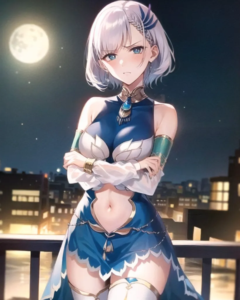 The image is of a young woman with white hair and blue eyes. She is wearing a blue and white dress with a white cape. She is standing on a rooftop with a full moon in the background. The city can be seen in the distance. The woman is looking at the viewer with a slightly annoyed expression on her face.