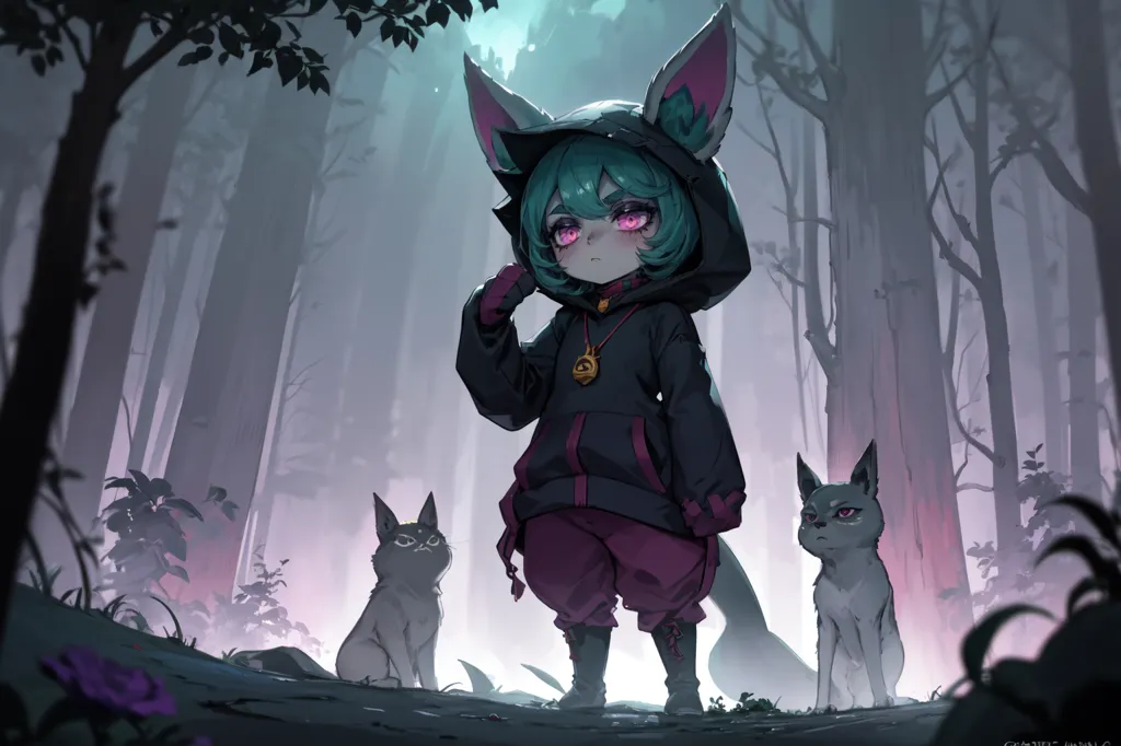 La imagen es de una niña joven con el cabello verde y orejas de zorro. Lleva una sudadera negra con una camiseta morada debajo y pantalones negros. Está de pie en un bosque con dos gatos a su lado. La niña mira al espectador con una expresión seria. La imagen está dibujada en un estilo semi-realista y los colores son vibrantes y saturados.