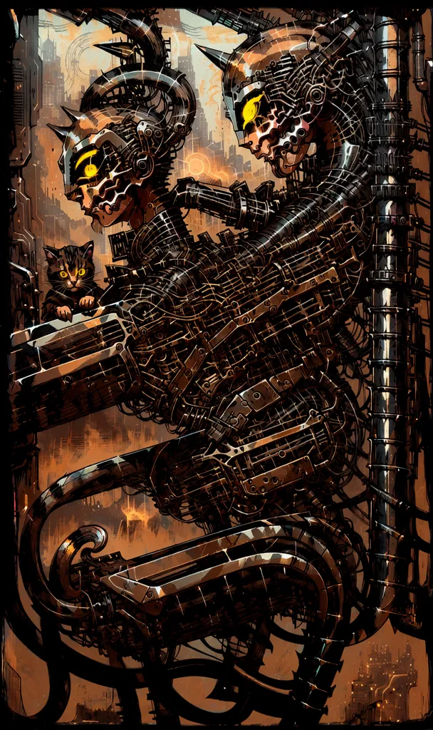 The image is a dark and detailed painting of two cyborgs. They are both wearing helmets and have glowing yellow eyes. The cyborgs are surrounded by a mass of wires and tubes. On the shoulder of one of the cyborgs is a small cat. The background of the image is a city. There are large buildings and a large pipe that runs through the middle of the city. The painting is full of detail and the artist has used a variety of techniques to create a realistic and immersive image.