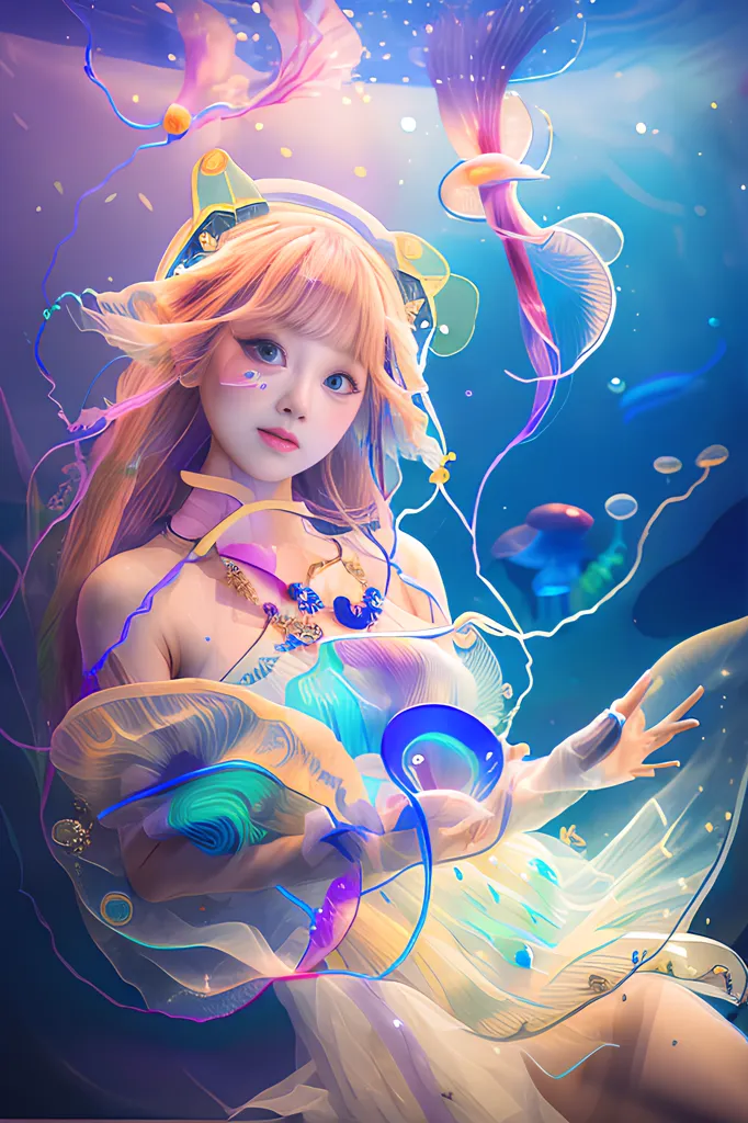 The image is a painting of a beautiful woman with long, flowing hair. She is wearing a white dress and has a jellyfish-like creature wrapped around her arm. The background is a deep blue color.