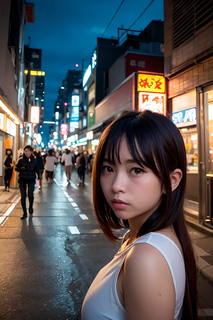 La imagen es un retrato de una mujer joven de pie en una calle de Japón. Lleva una camiseta de tirantes blanca y tiene el cabello negro largo con flequillo. Mira a la cámara con una expresión seria. La calle está llena de gente y hay muchas luces y letreros de fondo. Es de noche y la calle está mojada por la lluvia.