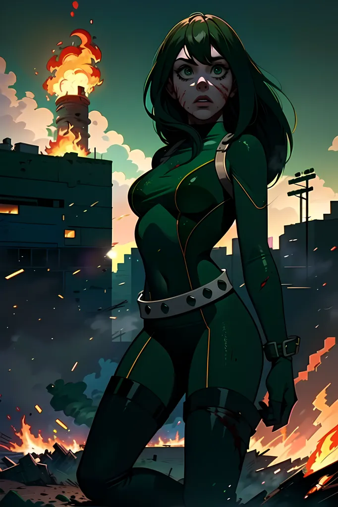 The image is of a young woman with green hair and green eyes. She is wearing a green bodysuit with a white belt. She has a determined expression on her face and is standing in a fighting stance. There are explosions and fires in the background.