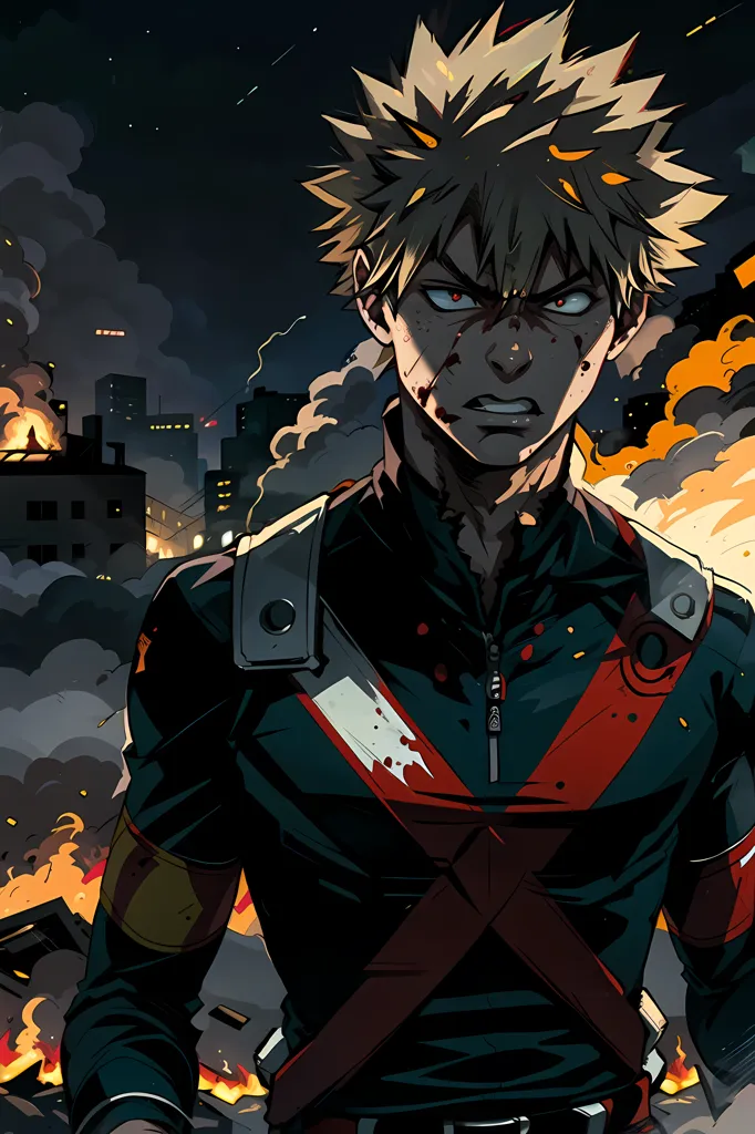 This image shows a young man with blond hair and red eyes. He is wearing a black and red costume. He is standing in a destroyed city. There are explosions and fires in the background. The man is looking at the viewer with a determined expression on his face.