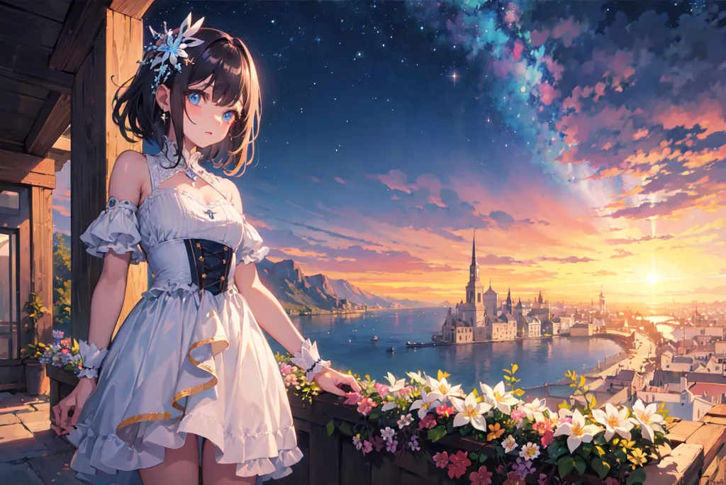 This image shows an anime girl with brown hair and blue eyes. She is wearing a white dress with a blue sash and a white bow in her hair. She is standing on a balcony, looking out at a cityscape. The city is built on a river, and there are mountains in the background. The sky is a gradient of orange, pink, blue, and purple with many stars. There are also some clouds in the sky. The image is very detailed, and the artist has used a variety of colors to create a vibrant and realistic scene.