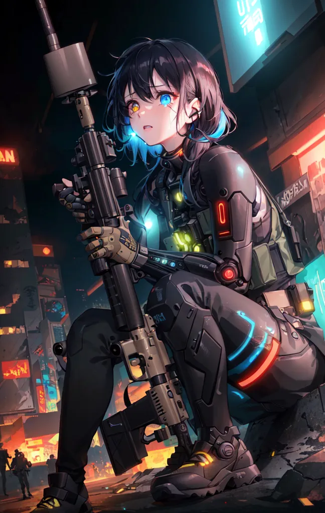 The image is a digital painting of a young woman in a black and blue bodysuit holding a large gun. She is kneeling on the ground in a city at night. There are buildings and lights in the background. The woman has short black hair and blue eyes. She is wearing a black and blue bodysuit with a lot of technological gadgets. She is also wearing a pair of black boots. The gun she is holding is black and has a lot of technological gadgets on it. The woman looks like she is ready to fight.