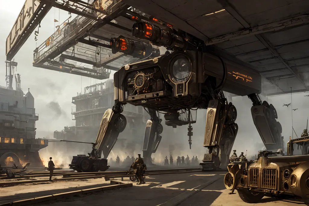 The image is a steampunk style painting. It depicts a large mechanical walker with a round body and multiple legs. It is standing in a city, with a large building in the background. There are several people standing around the walker, and a few vehicles. The painting is in a sepia tone, and has a very detailed and realistic style.