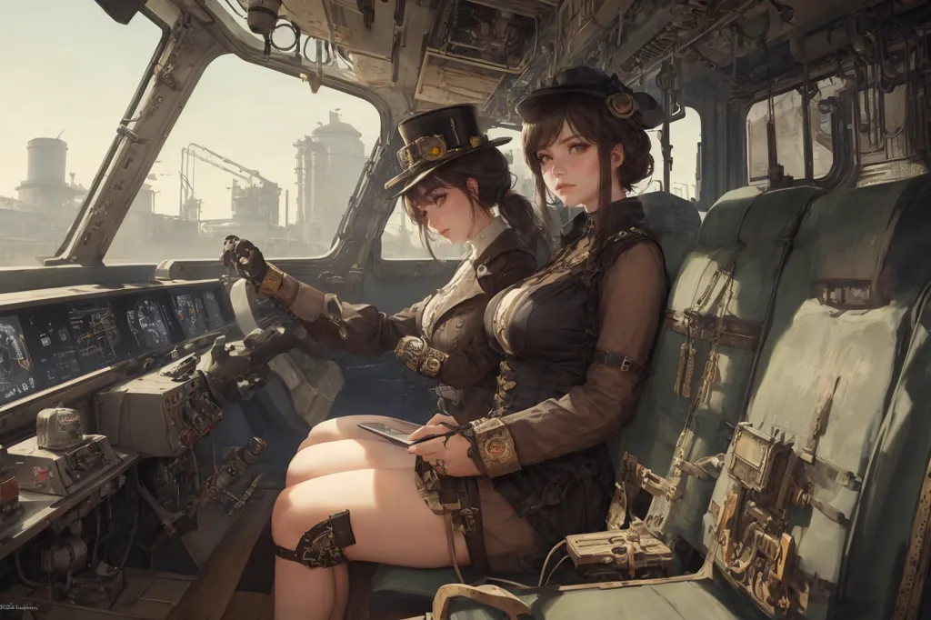 This is an image of two steampunk girls sitting in the cockpit of an airship. The girl on the left is wearing a black hat and coat, and she is sitting in the pilot's seat. She has her hands on the controls, and she is looking at the gauges. The girl on the right is wearing a similar outfit, and she is sitting in the co-pilot's seat. She is holding a tablet, and she is looking at the girl on the left. The airship is made of metal, and it has a large engine on the back. It is docked at a steampunk station, and there are buildings and other airships in the background.