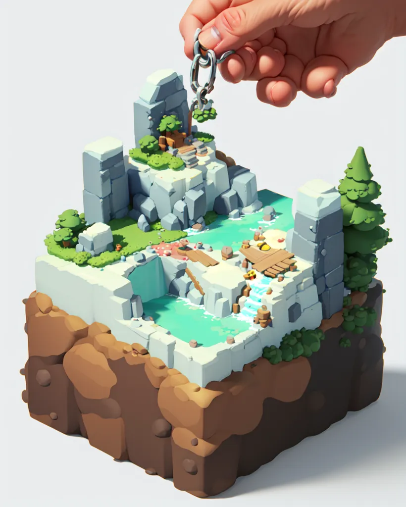 The image is a 3D model of a small, rocky island. The island has a few trees, some grass, and a small waterfall. There is a house on the island, and a small dock with a boat. A hand is holding the island by a chain. The island is made of gray rocks and the water is blue. The island is surrounded by a white void.