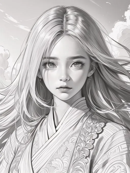 La imagen es un dibujo en blanco y negro de una mujer joven con el cabello largo y ondulado, y una expresión serena en su rostro. Lleva puesto un kimono japonés tradicional con bordados florales intrincados. El fondo es un simple degradado de gris claro a blanco, con algunas nubes en la distancia. El efecto general es de paz y tranquilidad.