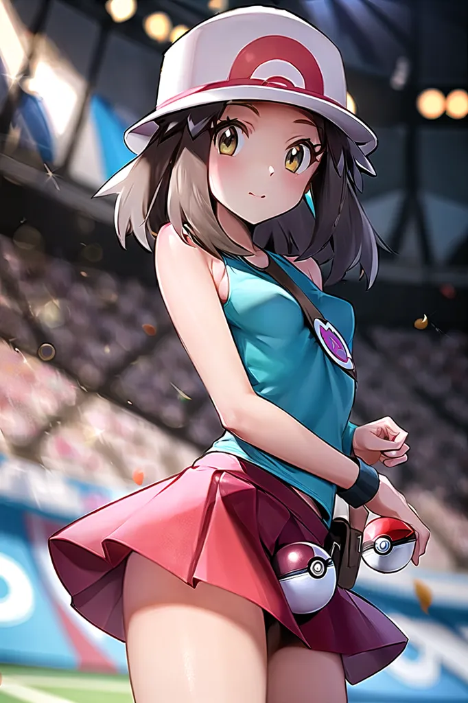 The image is of a young woman with brown hair and brown eyes. She is wearing a white and red hat, a blue tank top, and a pink skirt. She is also wearing a belt with two pokeballs attached to it. She is standing in a stadium, and there are pokeballs and sparkles in the background.