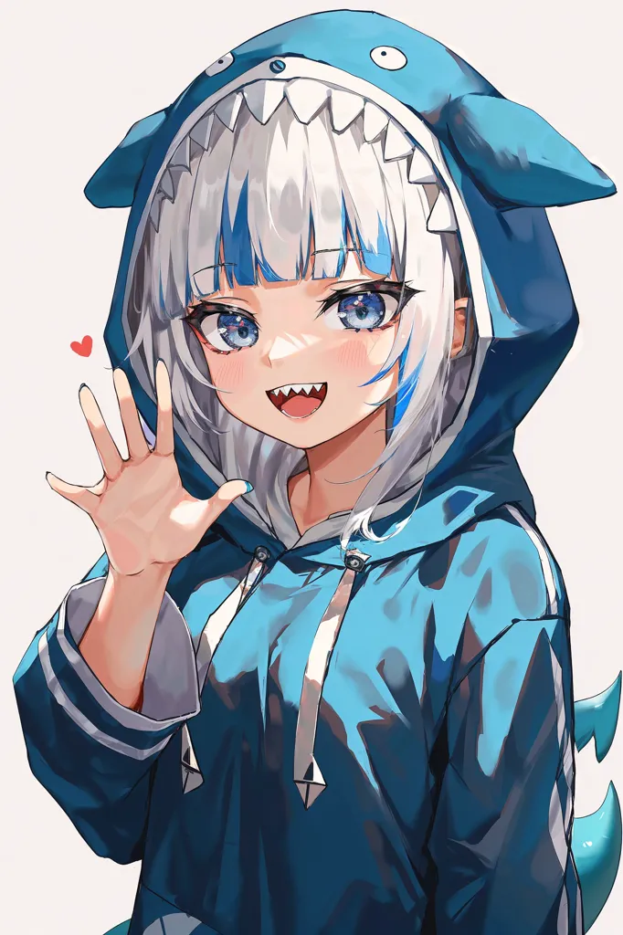 This is an image of an anime-style girl with shark-like features. She has blue hair and eyes and is wearing a blue hoodie with shark teeth on the hood. She is smiling and has her hand raised in the air. She is also wearing a shark hoodie with a light blue inner lining and dark blue on the outside. The hoodie has two white stripes going down the arms. The inner part of the ears on the hoodie is light pink. The teeth on the hoodie are white. She has a heart hand sign with her right hand.