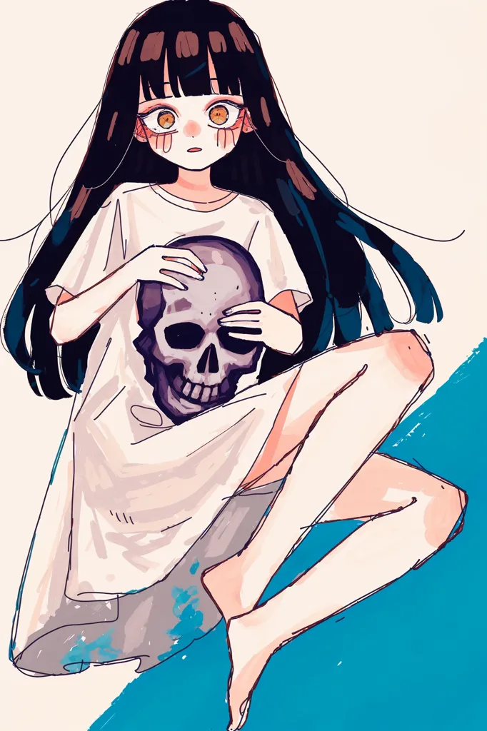 The image is a drawing of a girl with long black hair and yellow eyes. She is wearing a white shirt that is too big for her and is sitting on a blue background. The girl is holding a skull in her hands and has a sad expression on her face.