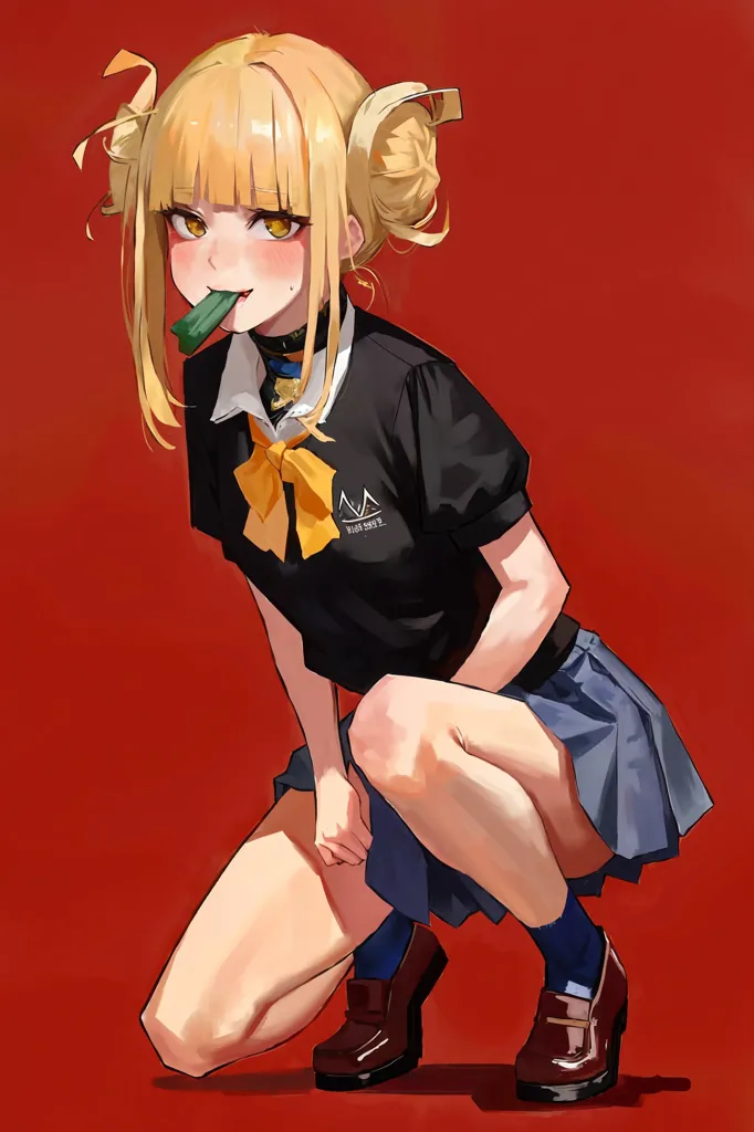 The image is of a young woman with blonde hair and yellow eyes. She is wearing a black shirt, a yellow bow tie, and a gray skirt. She is also wearing brown shoes and has a green cucumber in her mouth. She is kneeling on the ground and looking at the viewer with a sly expression on her face. The background is a solid red color.