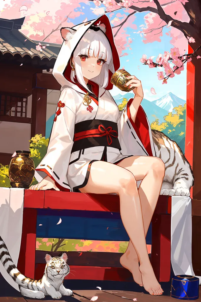 The image is of a young woman with white hair and red eyes. She is wearing a white and red kimono with a cat-like hood. She is sitting on a bench in a garden, drinking from a cup. There is a white and orange cat sitting beside her. The background is of a traditional Japanese house and garden, with cherry blossoms in the trees. The image is drawn in a realistic style, with soft colors and shading.