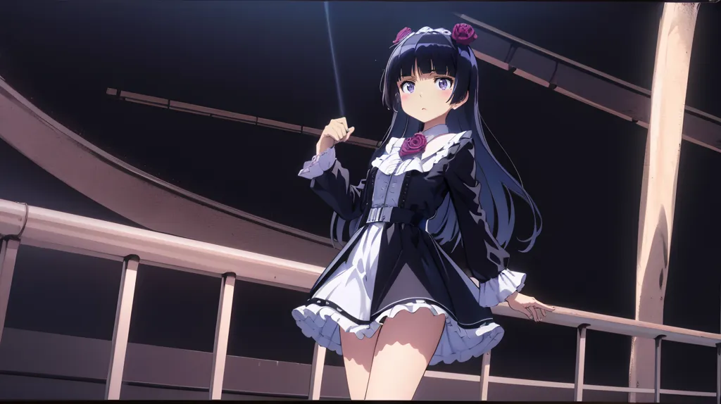 This is an image of a girl with long black hair and purple eyes. She is wearing a black and white dress with a white collar. There are black roses on her head and a black rose on her chest. She is standing on a railing looking down with one hand on the railing and the other by her side. There is a spotlight shining down on her from above.