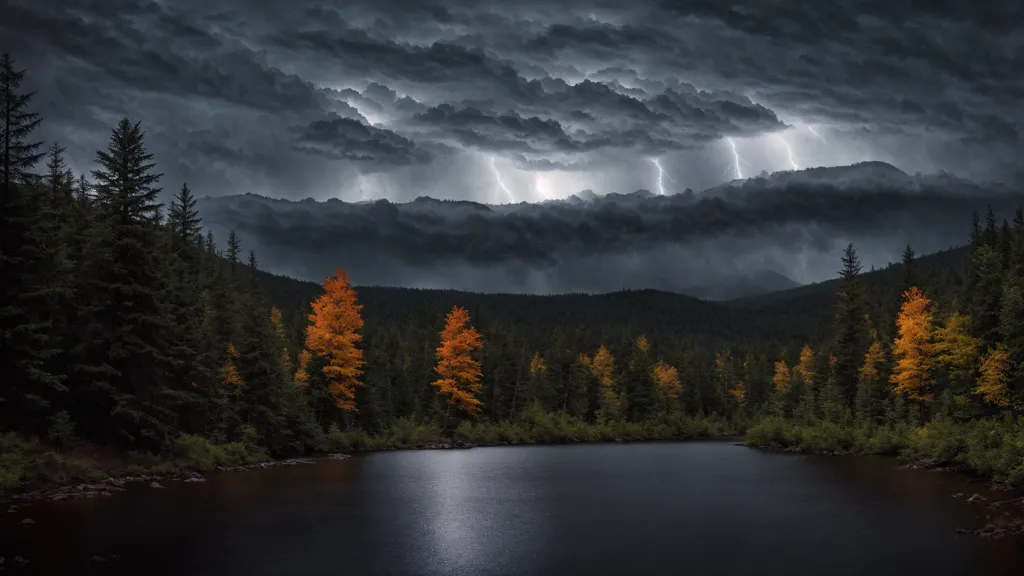 The image is a dark and stormy night. The sky is black and filled with clouds. There is a forest of tall pine trees on the left side of the image. The trees are silhouetted against the sky. There is a lake in front of the forest. The water is black and still. There is a bolt of lightning in the sky. The lightning is illuminating the trees and the lake. The image is very dramatic and has a feeling of suspense.