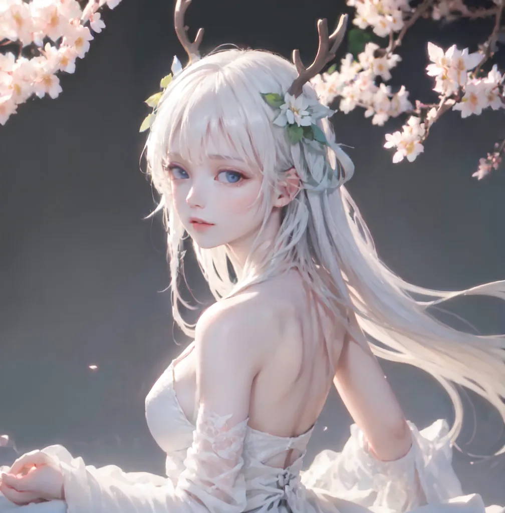 The image is a painting of a beautiful woman with long white hair and blue eyes. She is wearing a white dress with a low neckline and a pair of antlers on her head. She is standing in a forest of cherry blossoms, and there are several cherry blossoms in her hair. The background is a dark blue night sky.