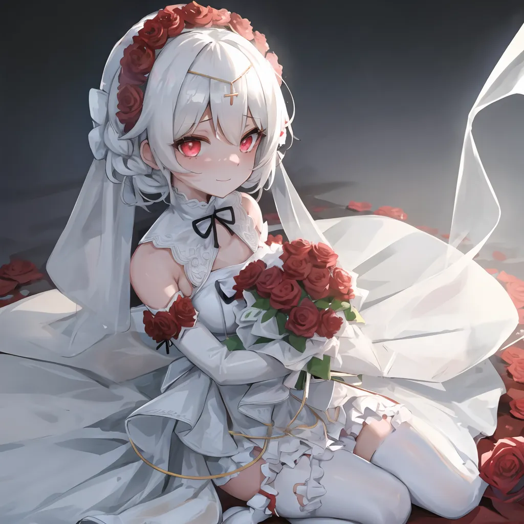 The image is of a young woman with white hair and red eyes. She is wearing a white wedding dress with a long veil. The dress has a sweetheart neckline and is trimmed with gold. She is holding a bouquet of red roses. The background is a dark color with a spotlight on the woman.