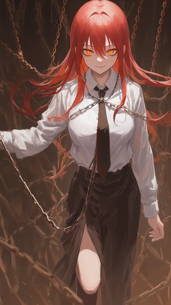 This is an image of a woman with long red hair and yellow eyes. She is wearing a white dress shirt with a black tie and a black skirt. She is also wearing chains around her neck, wrists, and ankles. The background is dark and there are chains in the foreground. The woman has a serious expression on her face.