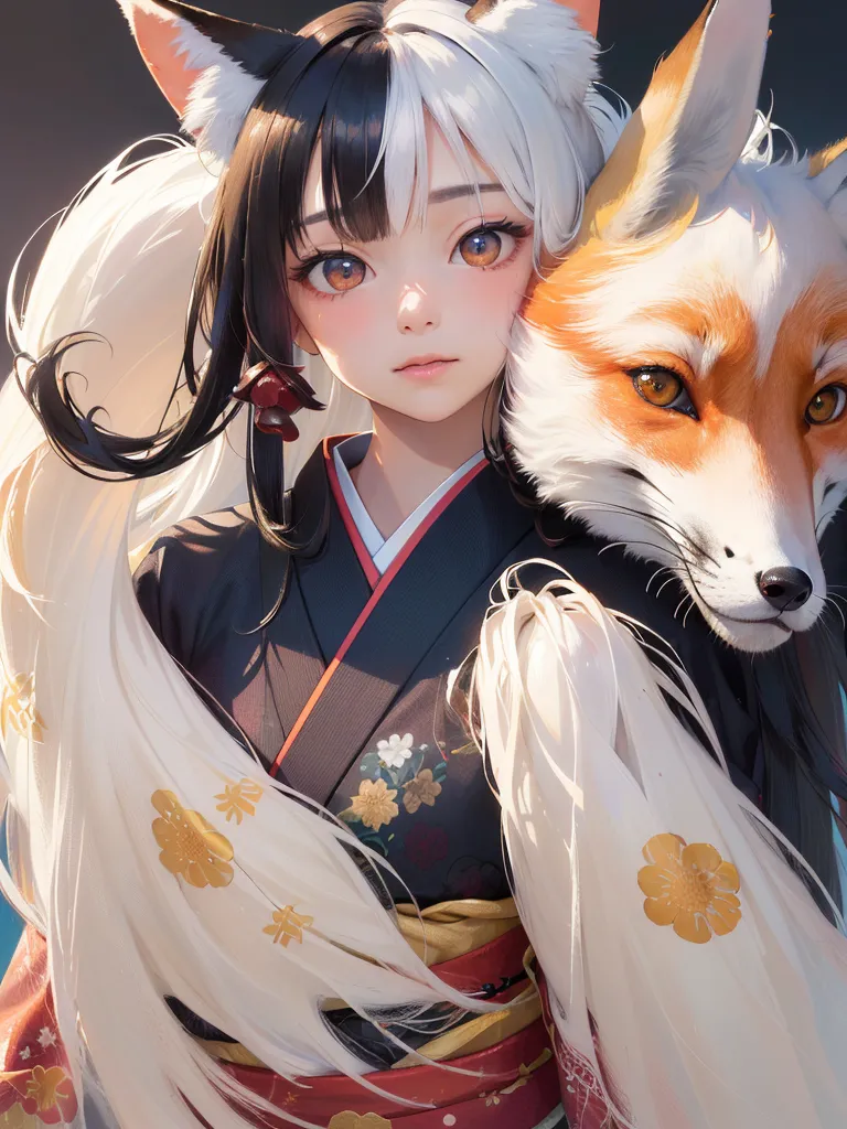 A imagem é um retrato de uma jovem mulher com cabelos longos, pretos e brancos e orelhas de raposa. Ela está usando um quimono tradicional japonês com um padrão vermelho e branco. A mulher tem um espírito de raposa com pelos brancos e laranjas enrolado em seu ombro. O fundo é um borrão de azul claro e cinza.