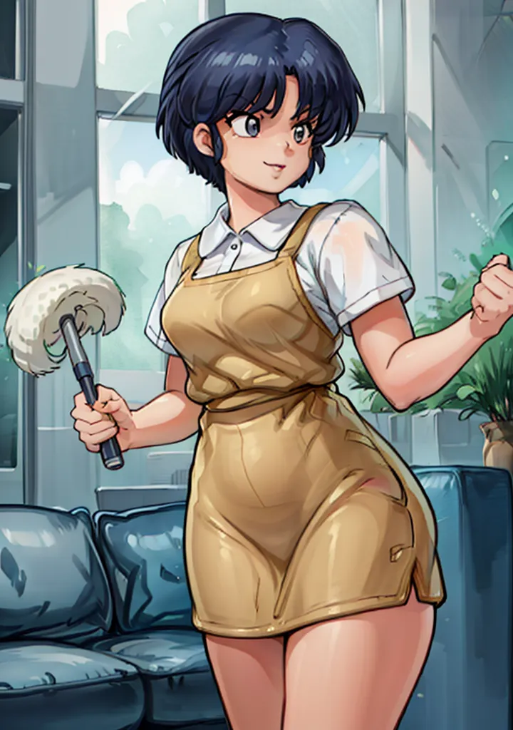 A young woman with short dark hair is standing in a living room. She is wearing a white shirt, a yellow apron, and a short skirt. She is holding a feather duster in her right hand and has her left hand raised in the air. She has a confident smile on her face. There is a couch behind her and a plant to the right of the couch.