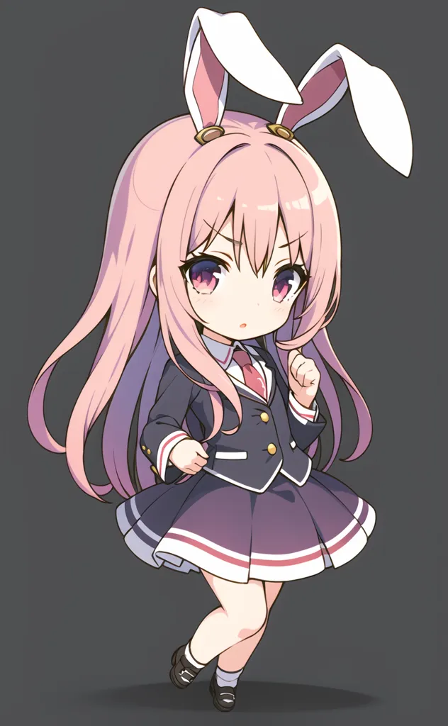 The image is of an anime girl with long pink hair and purple eyes. She is wearing a school uniform with a dark blue blazer, a white shirt, and a pleated skirt. She also has a pair of bunny ears on her head. She is standing in a determined pose with one hand on her hip and the other clenched in a fist.