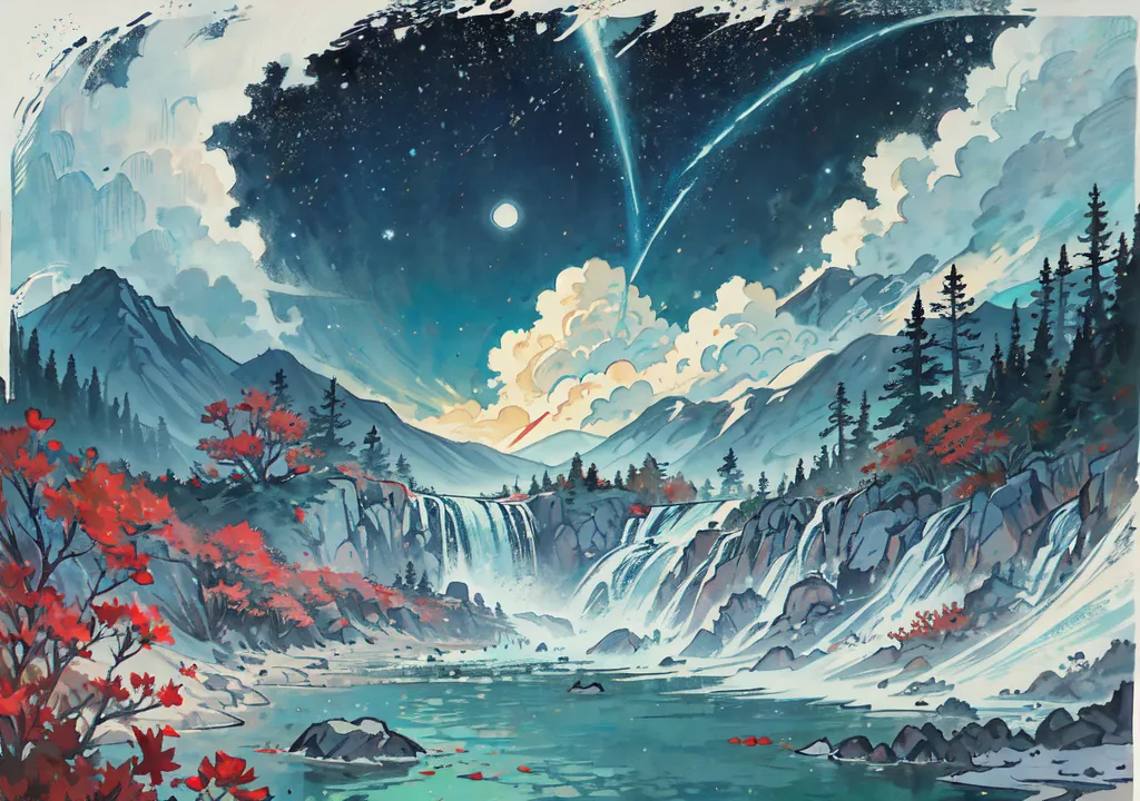 La imagen es una hermosa pintura de paisaje en un estilo tradicional japonés. Representa un valle montañoso con una cascada y un río que lo atraviesa. Las montañas están cubiertas de nieve. El cielo está oscuro con una luna llena y dos estrellas fugaces. La pintura está hecha en colores apagados con mucho detalle.