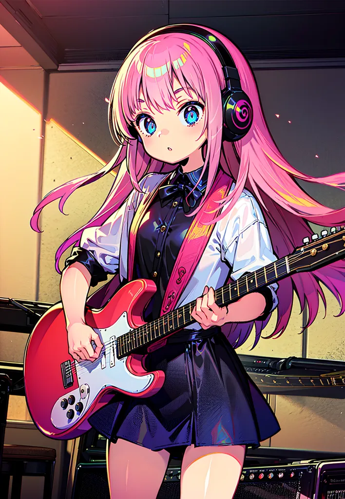 The image is of a young woman with pink hair playing an electric guitar. She is wearing a white shirt, black skirt, and headphones. She is standing in a room with a lot of musical equipment. The image is drawn in an anime style.