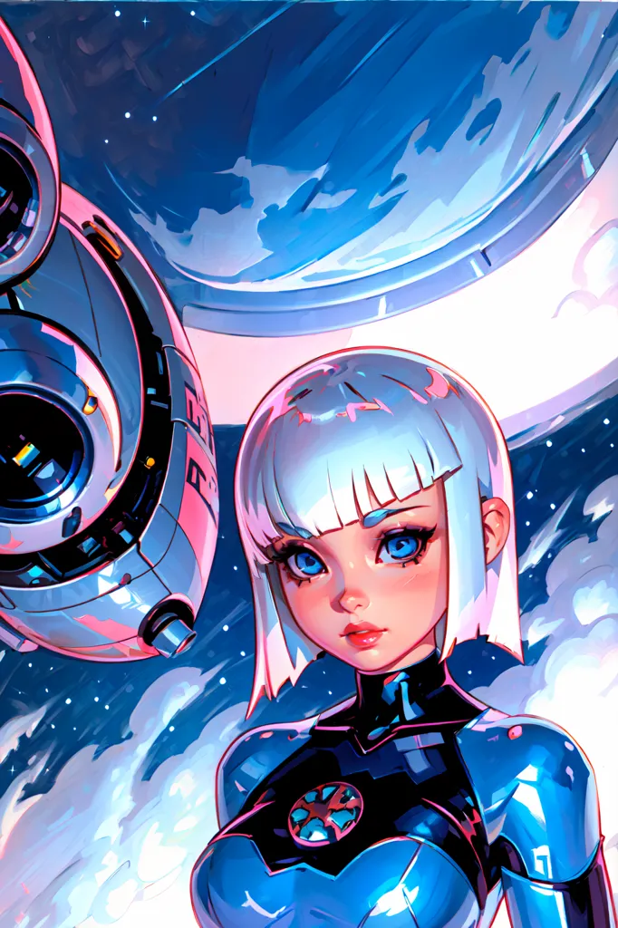 This is an illustration of a young woman with short white hair and blue eyes. She is wearing a blue and white bodysuit with a large circular device on her chest. She is standing in front of a large spaceship with a blue and white color scheme. The ship has a large engine and a number of smaller thrusters. The background is a starry sky with a blue planet in the distance.