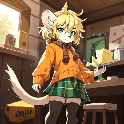 The image is of an anime-style mouse girl with yellow hair and green eyes. She is wearing a brown sweater, a green plaid skirt, and a brown scarf. She is also wearing black stockings and brown shoes. She is standing in a room with a wooden floor and walls. There is a counter behind her with a cash register and some boxes on it. There is also a stool behind her. She is holding a plate of cheese.