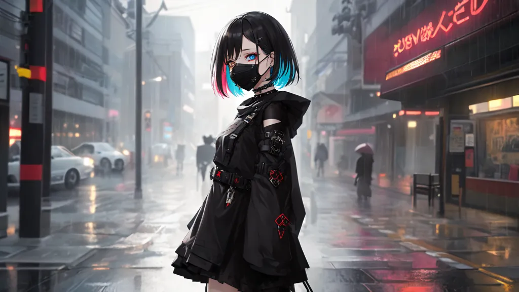 The image is of a young woman standing in a rainy street. She is wearing a black coat with a red and blue pattern and a black mask. Her hair is short and black, and her eyes are blue. She is also wearing a pair of headphones. The background of the image is blurred, but it looks like there are cars and buildings in the distance.