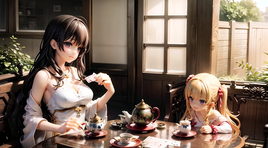 The image shows two anime girls sitting at a table and drinking tea. The girl on the left has long brown hair and is wearing a white dress. She is holding a card in her hand. The girl on the right has short blonde hair and is wearing a pink kimono. She is holding a teacup in her hand. There is a teapot and some other teacups on the table. The background is a traditional Japanese house.