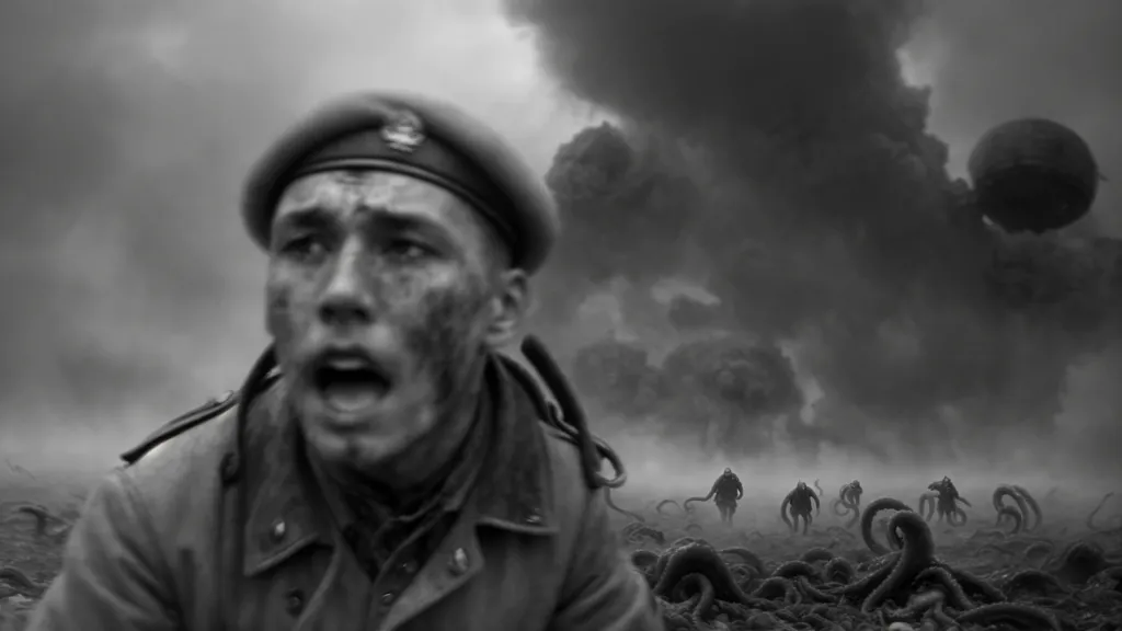 The image is in black and white. It shows a soldier from World War I. He is wearing a British uniform and is running away from a group of large, octopus-like creatures. The soldier is terrified, and his face is contorted in fear. The creatures are closing in on him, and it seems like he will be killed. In the background, there are more of these creatures. They are all crawling towards the soldier. The scene is one of hopelessness and despair.