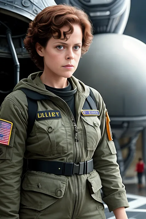 This is an image of a young woman in a green jumpsuit with a brown utility belt. She has short brown hair and light blue eyes. She is standing in front of a large spaceship. On her left shoulder is a patch that says "United States of America" and on her right shoulder is a patch that says "LIlliet."