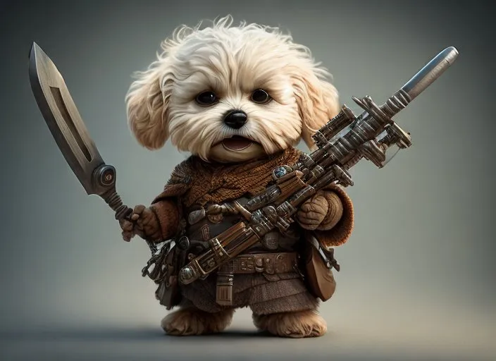 The image shows a small, white dog dressed in a brown vest and wielding a knife in one paw and some kind of steampunk gun in the other. The dog has a serious expression on its face and is standing in a determined pose. The background is a dark, neutral color.