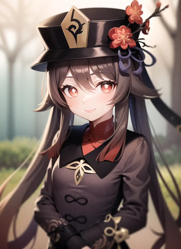 The image is a portrait of a young woman with long brown hair and red eyes. She is wearing a black hat with a red flower and a black and red dress with a white collar. She has a friendly smile on her face. The background is blurred, with a few trees in the distance.