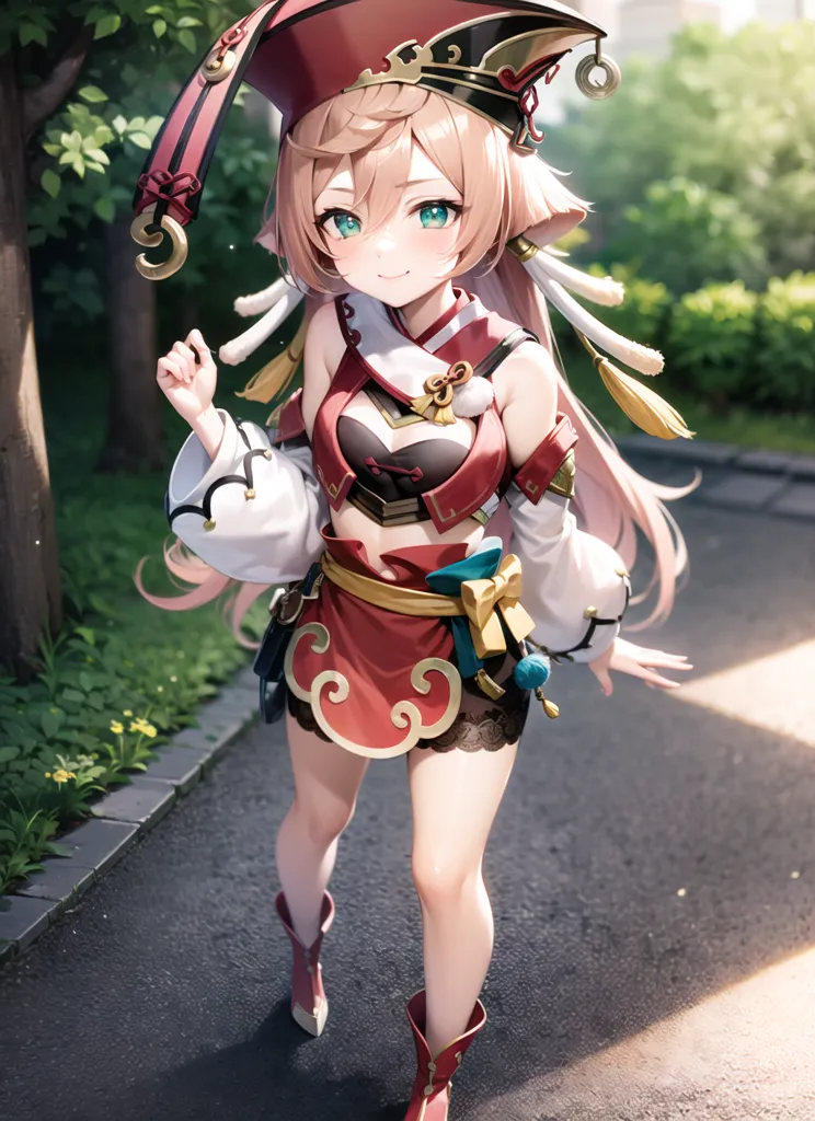 The image shows an anime-style girl with long pink hair and green eyes. She is wearing a red and white outfit with a white apron. She is also wearing a red hat with a yellow tassel. The girl is standing on a stone path in a forest. She is smiling and has her left hand raised.