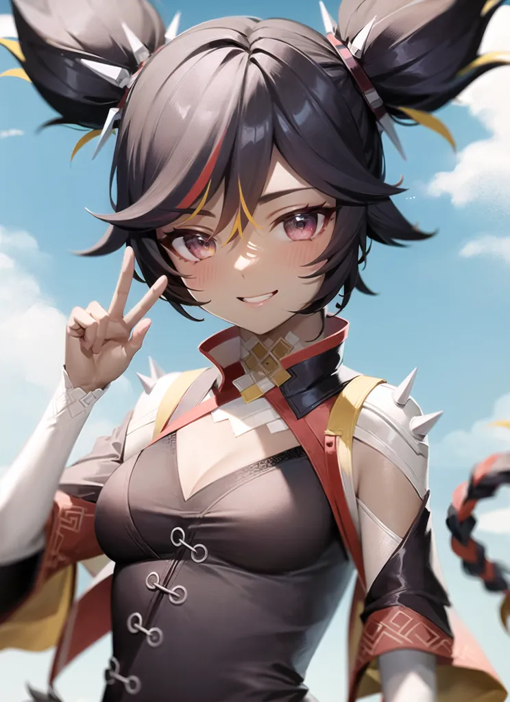 The image is of a young woman with dark hair and red eyes. She is wearing a black and red outfit with a white collar. She has a confident smile on her face and is making a peace sign with her right hand. She has two red horns protruding from her head and a long red tail. She is standing in front of a blue sky with white clouds.