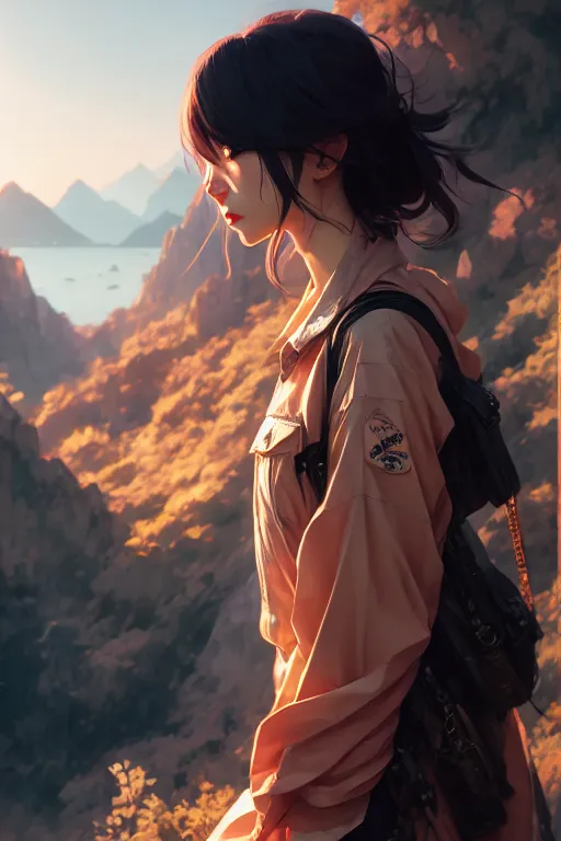 The image is a painting of a young woman standing on a cliff, looking out at a mountainous landscape. The woman is wearing a brown jacket and a backpack. Her hair is dark brown and her eyes are closed. The painting is done in a realistic style and the colors are muted. The overall tone of the painting is peaceful and serene.