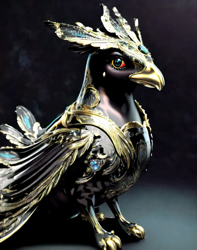 The image is a 3D rendering of a phoenix with black and gold feathers. The phoenix is standing on a rock with a dark background. The phoenix has a crest on its head and a long tail. Its wings are spread out and its talons are sharp. The phoenix's eyes are a deep blue color and they are glowing. The phoenix is surrounded by a dark aura.