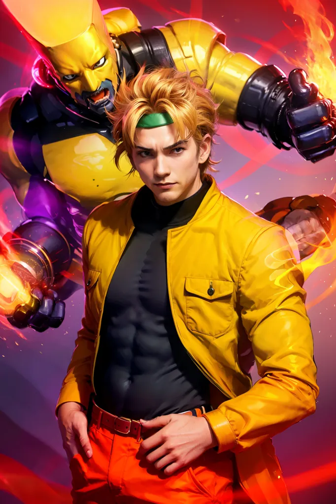 The image shows a man with blond hair and blue eyes. He is wearing a yellow jacket, a green shirt, and red pants. He has a serious expression on his face. He is standing in front of a yellow robot. The robot has a large head with a single eye and a mouth full of sharp teeth. It is also wearing a yellow jacket. The man and the robot are standing in a fiery, purple background.